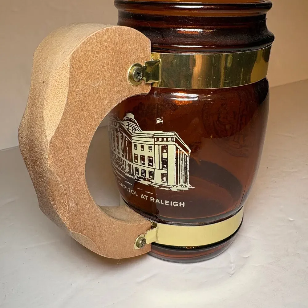 Vintage North Carolina Tarheel State Souvenir Brown Glass Barrel Mug Wood